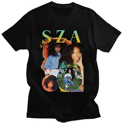 Black cotton t-shirt featuring vibrant sza graphic with colorful circular photos and butterfly accents for casual wear