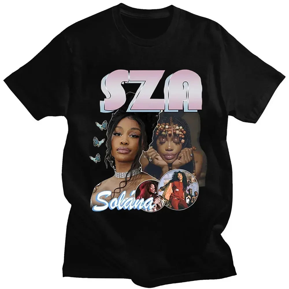 Black cotton t-shirt for women featuring vibrant sza graphic print with stylized pink white lettering and artist images