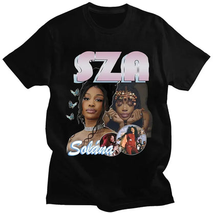 Black cotton t-shirt for women featuring vibrant sza graphic print with stylized pink white lettering and artist images