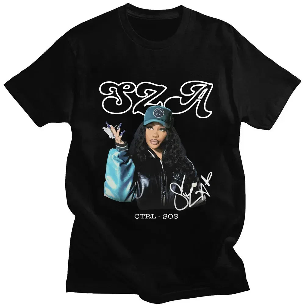 Black cotton t-shirt featuring sza graphic in blue jacket and cap with sza text and ctrl sos album print