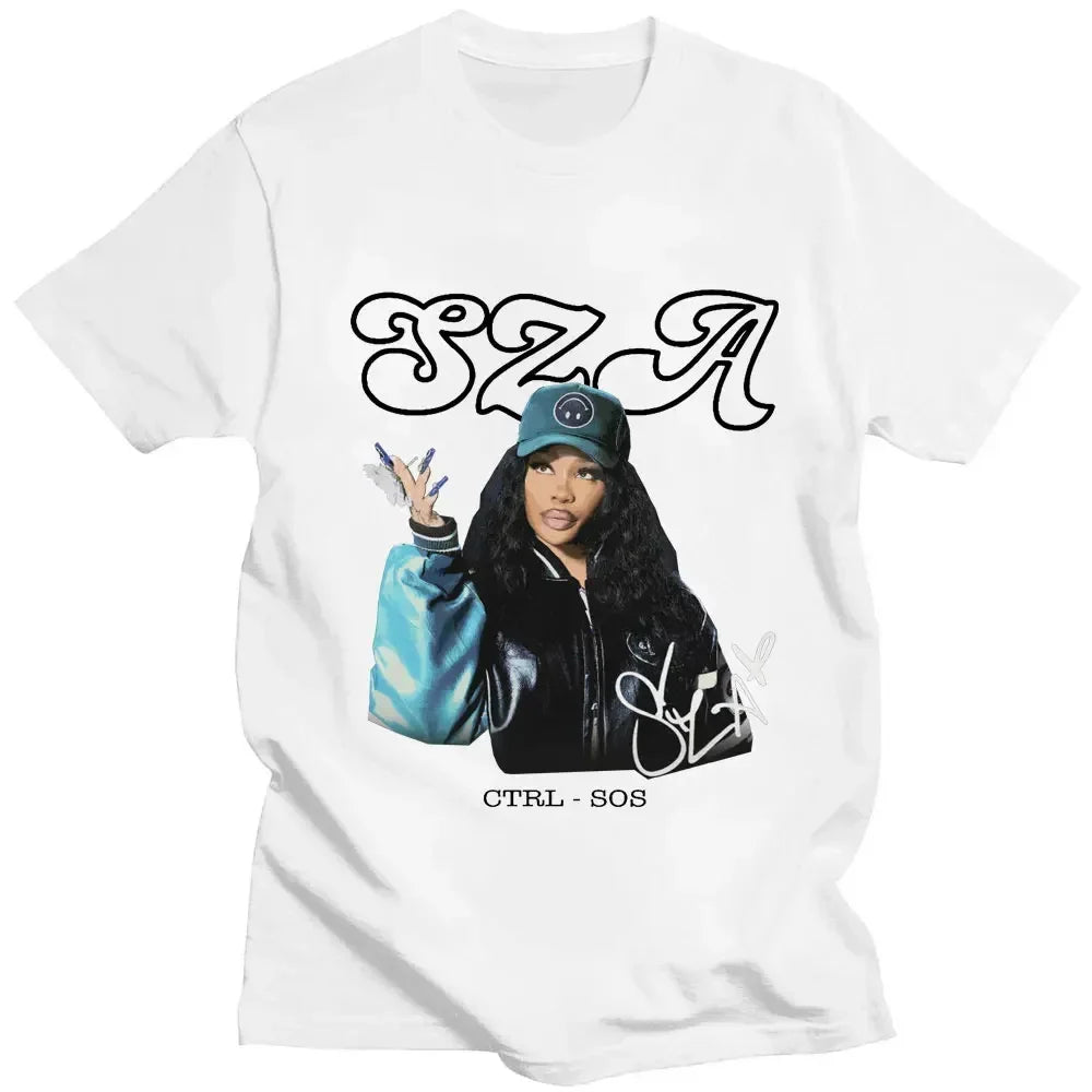White cotton t-shirt featuring a vintage punk hip hop graphic of sza with ctrl x sos album print for women