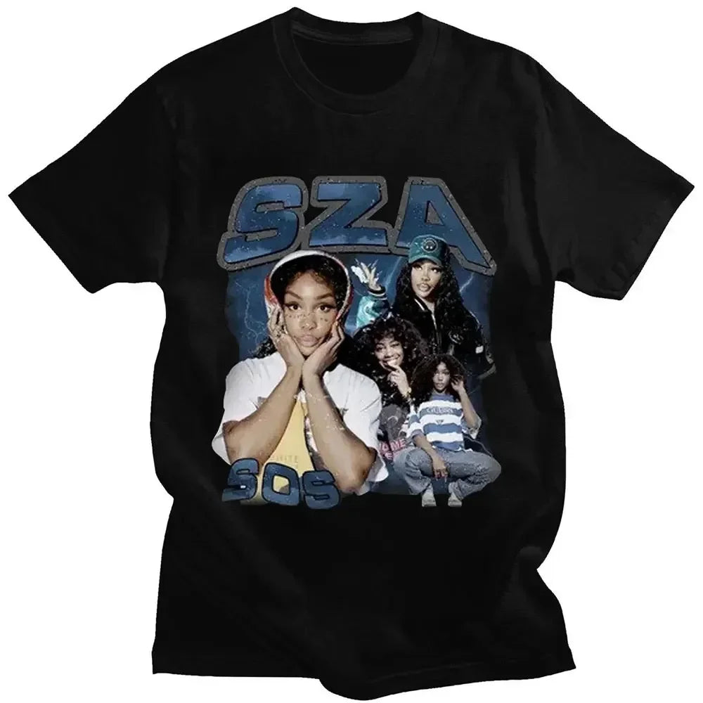 Black cotton t-shirt featuring a graphic print of SZA with stylized blue SZA and SOB lettering for casual wear