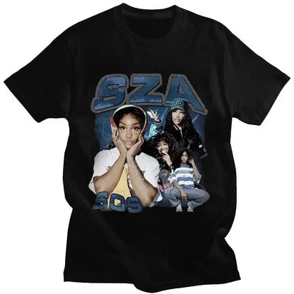 Black cotton t-shirt featuring a graphic print of SZA with stylized blue SZA and SOB lettering for casual wear
