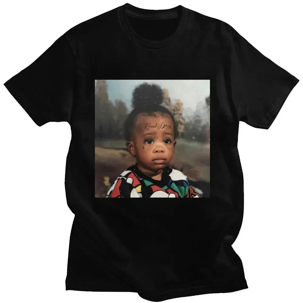 Black cotton t-shirt featuring a printed portrait of a child with good day text for casual vintage hip hop style