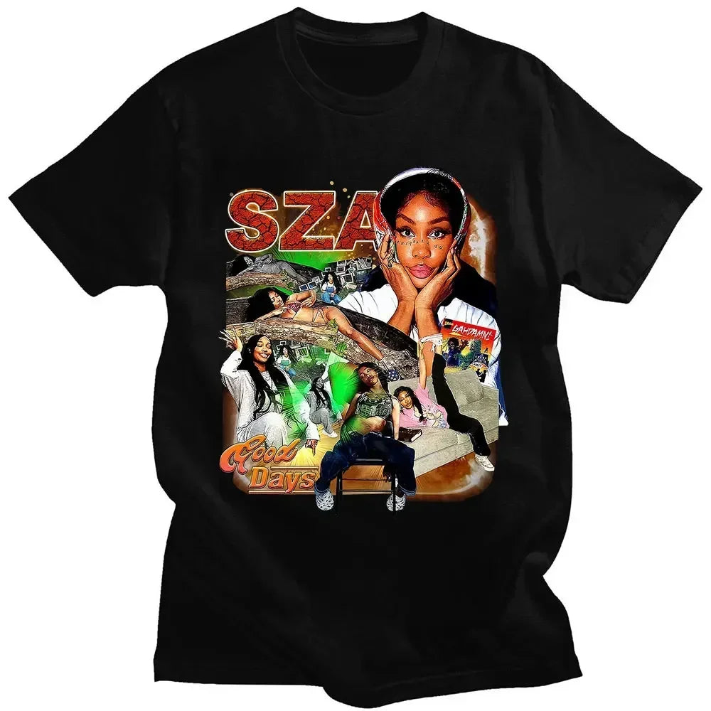 Black cotton t-shirt featuring vibrant multi-layered sza good days album print with bold red lettering for casual wear