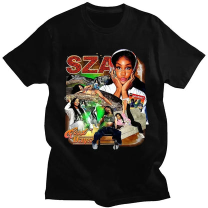 Black cotton t-shirt featuring vibrant multi-layered sza good days album print with bold red lettering for casual wear