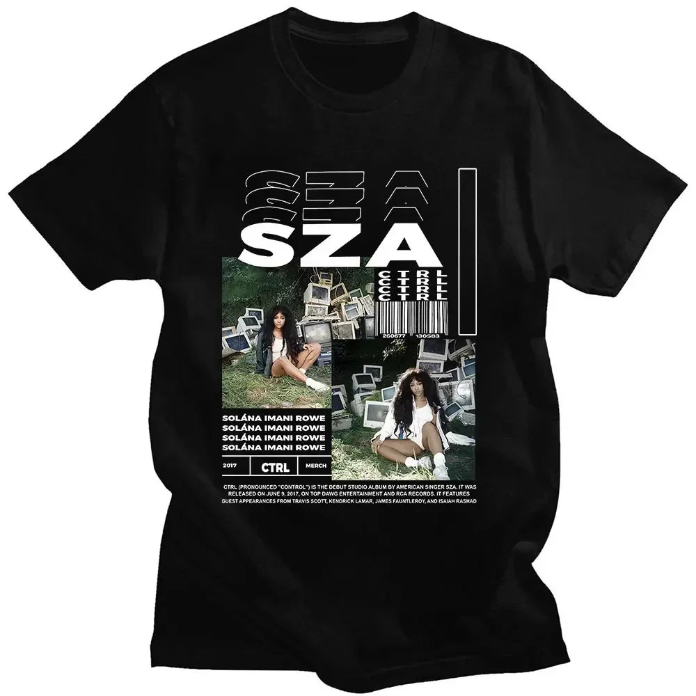 Black cotton t-shirt featuring rapper SZA ctrl album print with bold white typography and vintage computer monitor graphics