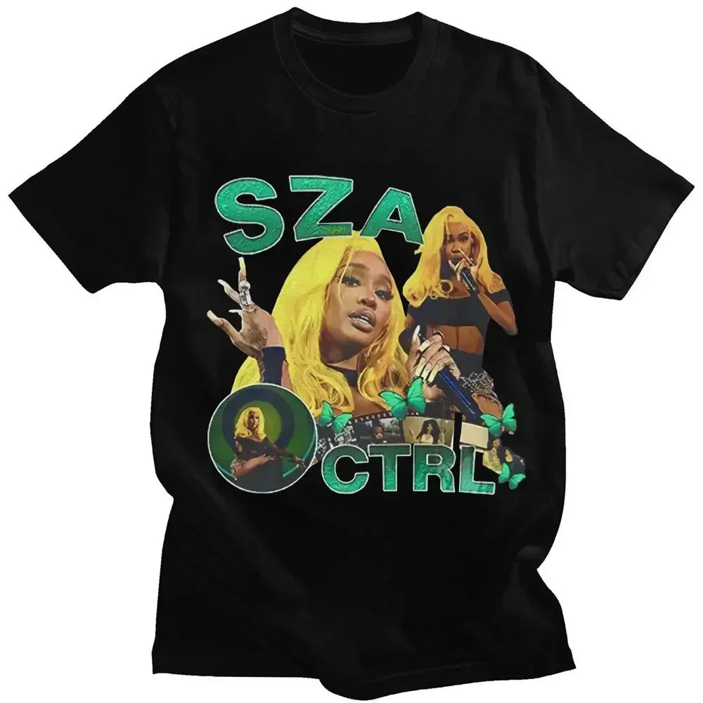 Black cotton t-shirt featuring vibrant sza graphic with green text ctrl and sza butterflies and circular designs vintage style