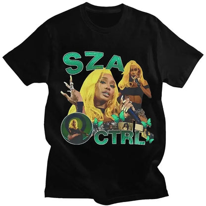 Black cotton t-shirt featuring vibrant sza graphic with green text ctrl and sza butterflies and circular designs vintage style