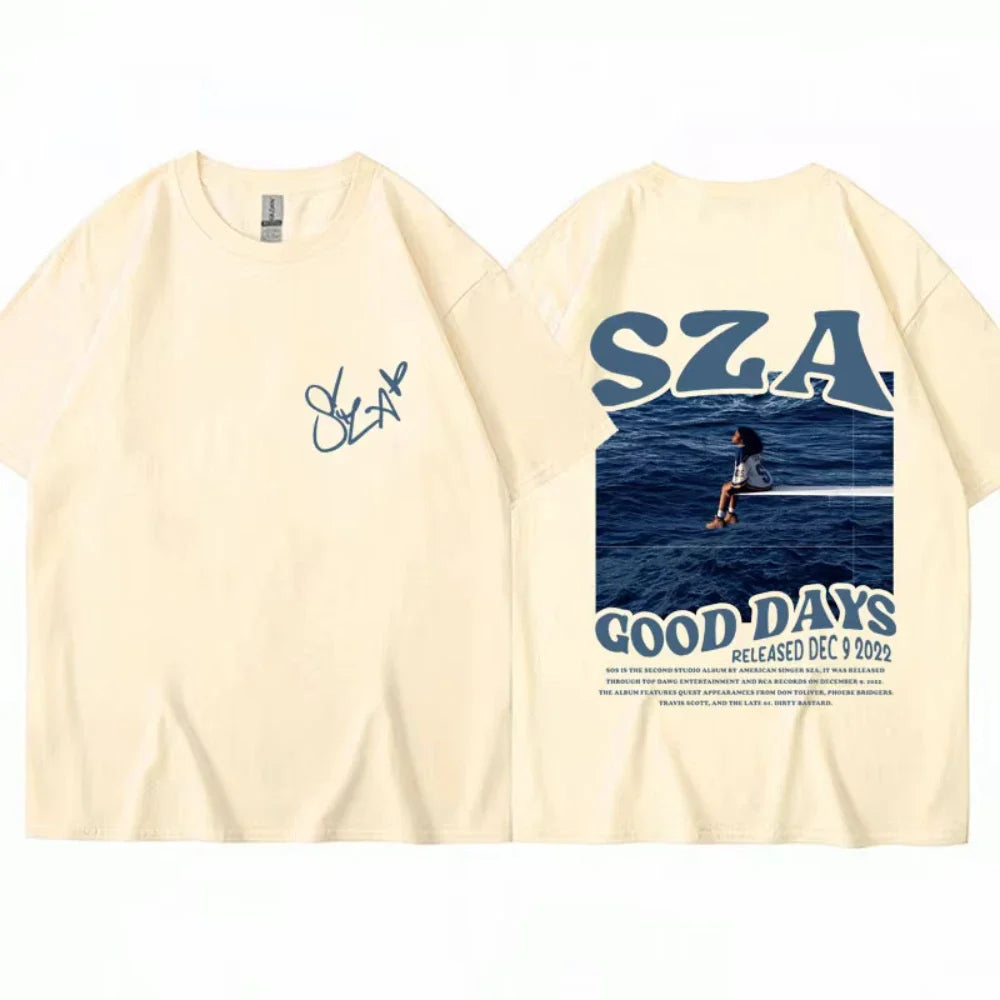 Cream-colored oversized cotton t-shirt with sza graphic print on back and signature in blue ink on front for casual streetwear