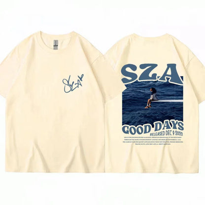 Cream-colored oversized cotton t-shirt with sza graphic print on back and signature in blue ink on front for casual streetwear