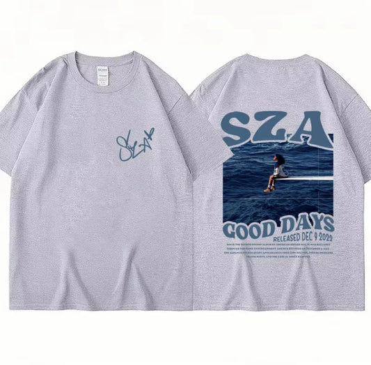 Light gray cotton oversized t-shirt featuring sza graphic print good days album title release date streetwear style