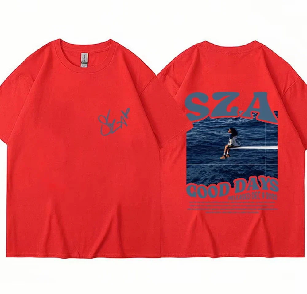 Red oversized cotton t-shirt featuring rapper Sza graphic print good days text and signature for casual hip hop streetwear
