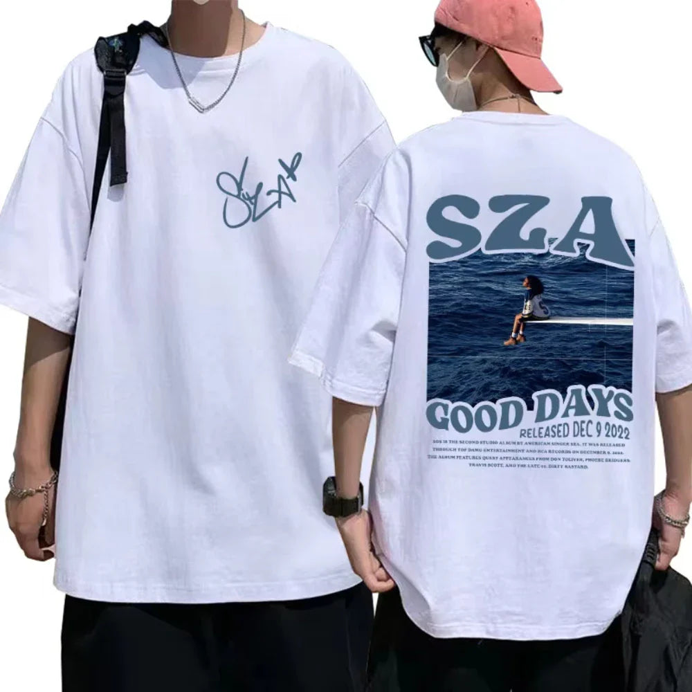 White oversized cotton t-shirt with sza good days graphic print on back and signature on front for casual streetwear