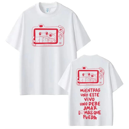 White cotton rapper t-shirt with red frog graphic front and back breathable loose vintage hip hop oversized design