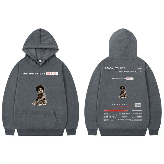 Dark gray hoodie featuring a graphic of the notorious b.i.g. from ready to die album merch in hip hop streetwear style