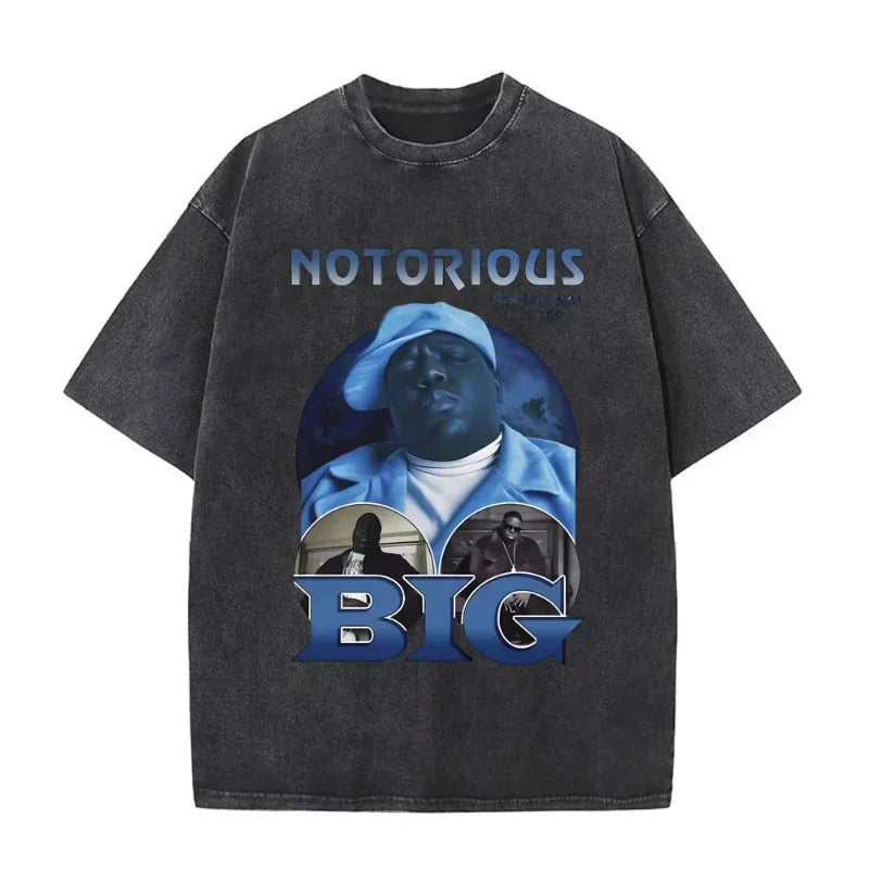 Black distressed t-shirt with blue biggie smalls graphic in dangerous vintage washed style hip hop tees for men