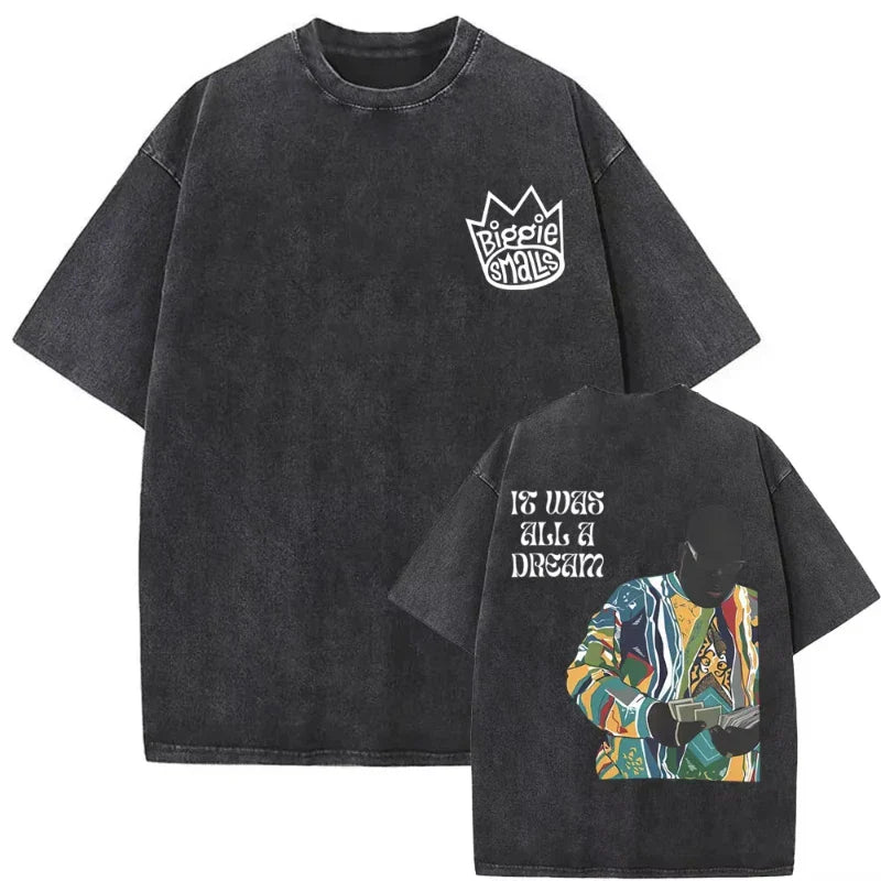 Black oversized biggie smalls tshirt with faded distressed texture and colorful back print for hip hop tees fans