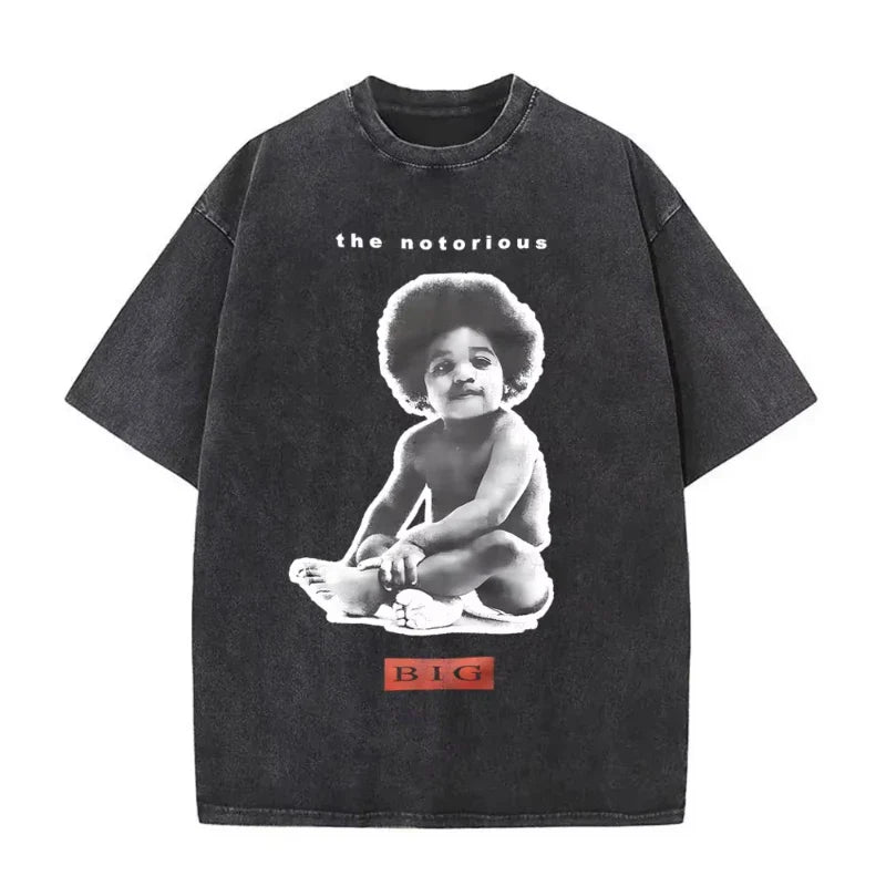 Black oversized hip hop tee featuring white baby afro graphic and text the notorious big in red vintage washed design biggie smalls tshirt