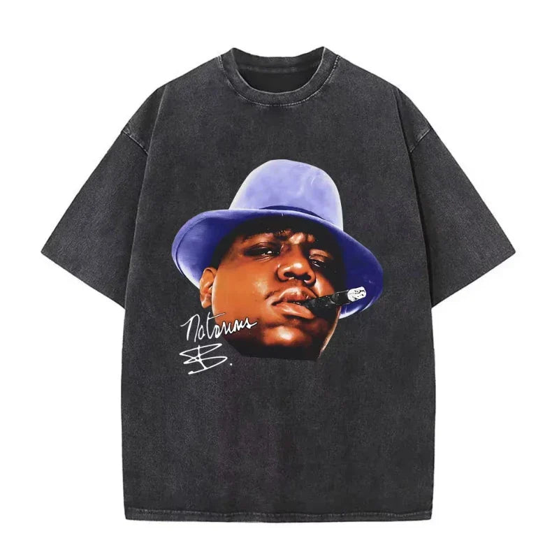 Black oversized biggie smalls tshirt with detailed blue fedora graphic and notorious text vintage washed hip hop tees