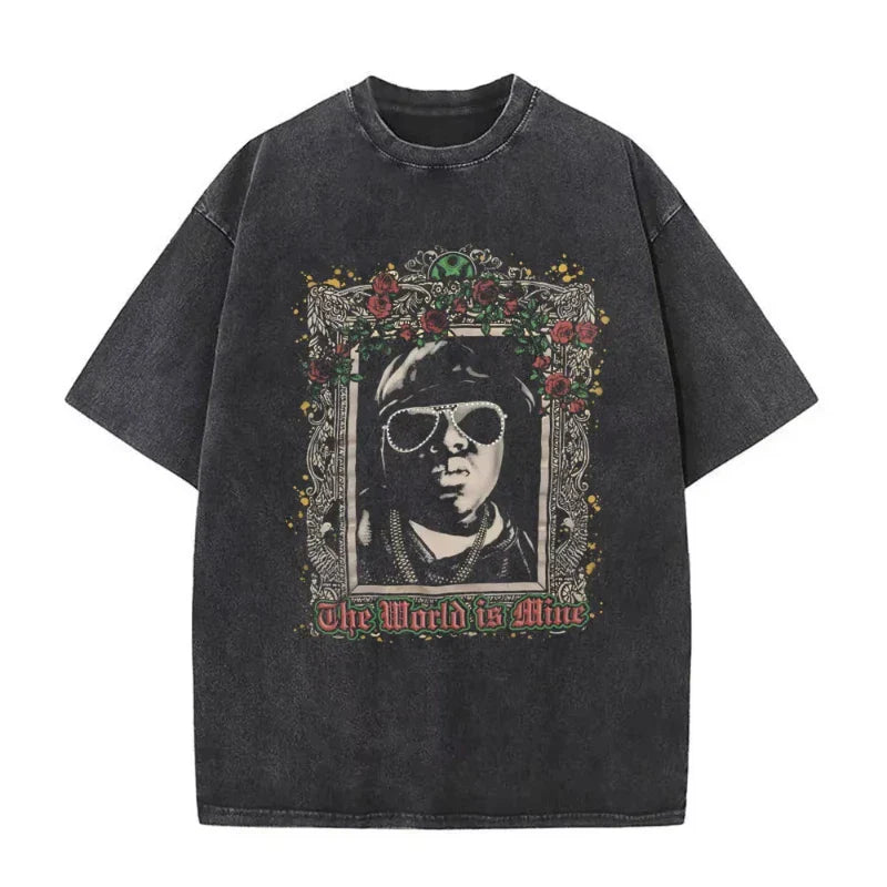 Black oversized t-shirt featuring vintage portrait of man in sunglasses with floral border and the world is mine text, biggie smalls tshirt hip hop tees dangerous vintage washed
