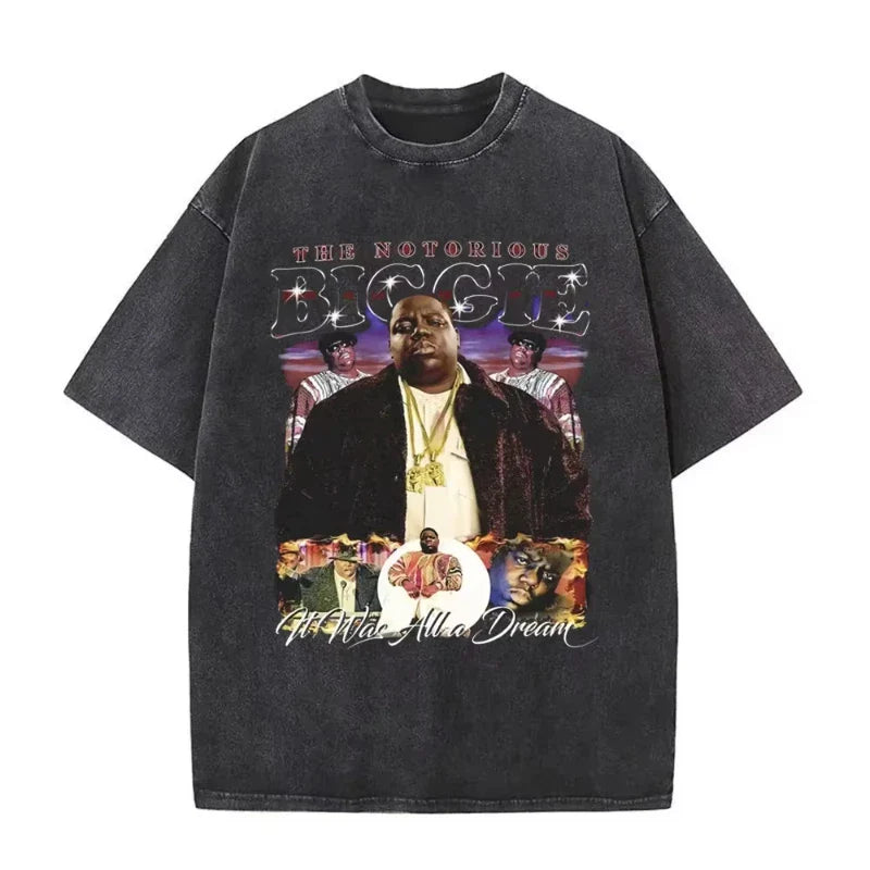 Black oversized dangerous vintage washed t shirt featuring a faded biggie smalls graphic for hip hop tees fans