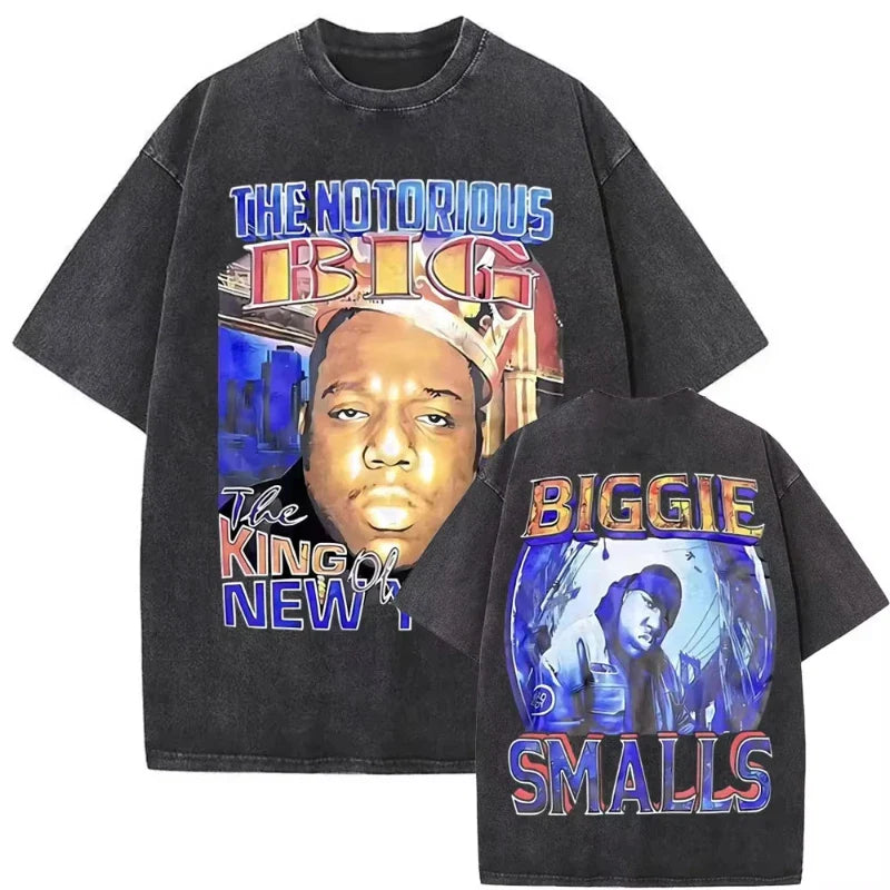 Black oversized t shirt featuring a faded graphic of Biggie Smalls, a dangerous vintage washed hip hop tee