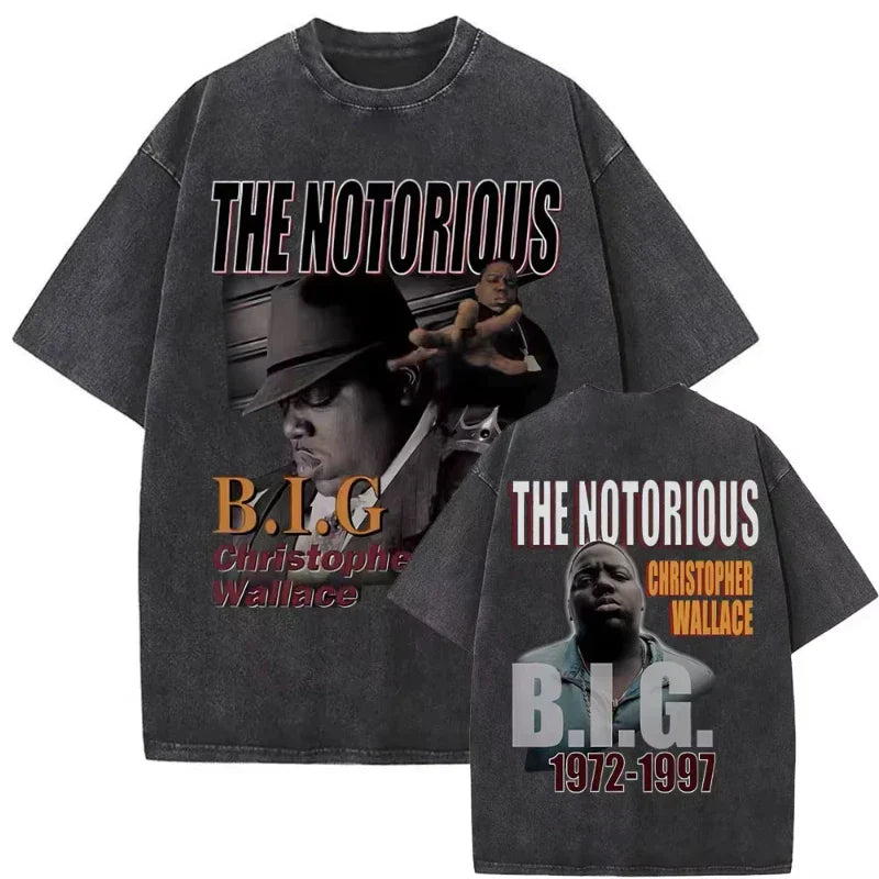 Dark gray oversized biggie smalls tshirt with graphic print and dangerous vintage washed hip hop tees design
