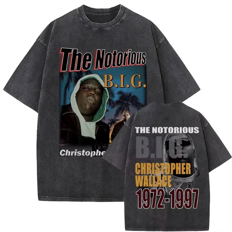 Dark gray distressed cotton biggie smalls tshirt featuring graphic from the dangerous vintage washed hip hop tees collection