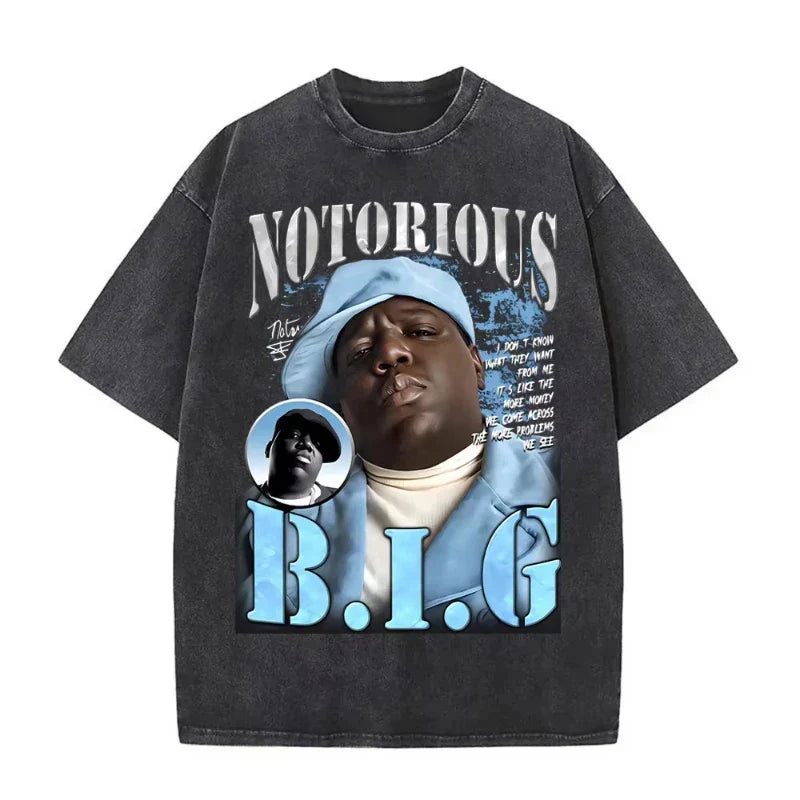 Black oversized biggie smalls tshirt with graphic print featuring notorious b.i.g. dangerous vintage washed hip hop tees