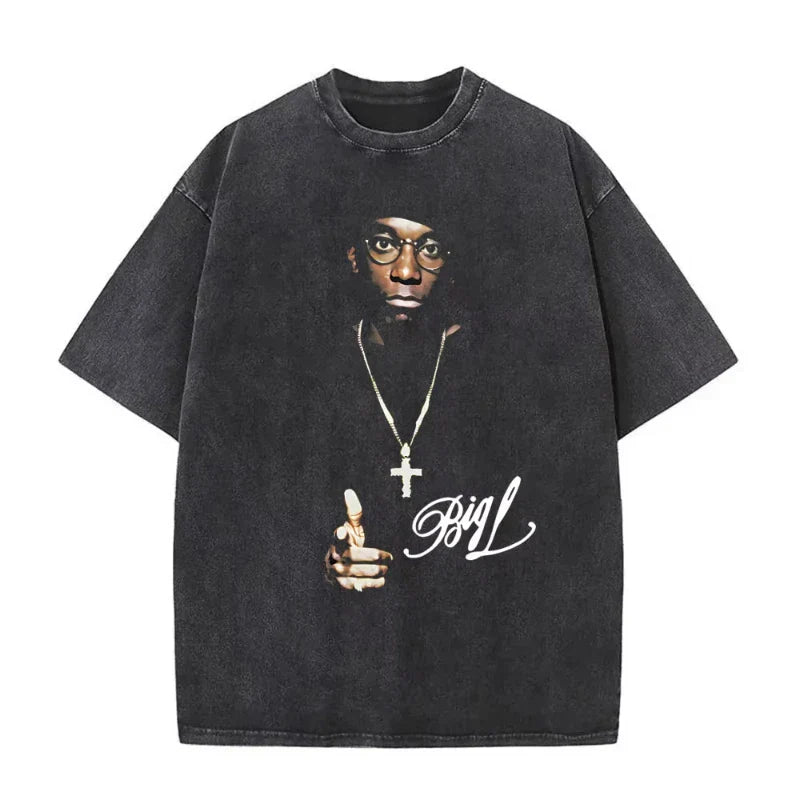 Black oversized t shirt with faded big l graphic and white cursive text featuring dangerous vintage washed hip hop tees design