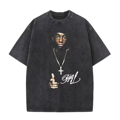 Black oversized t shirt with faded big l graphic and white cursive text featuring dangerous vintage washed hip hop tees design