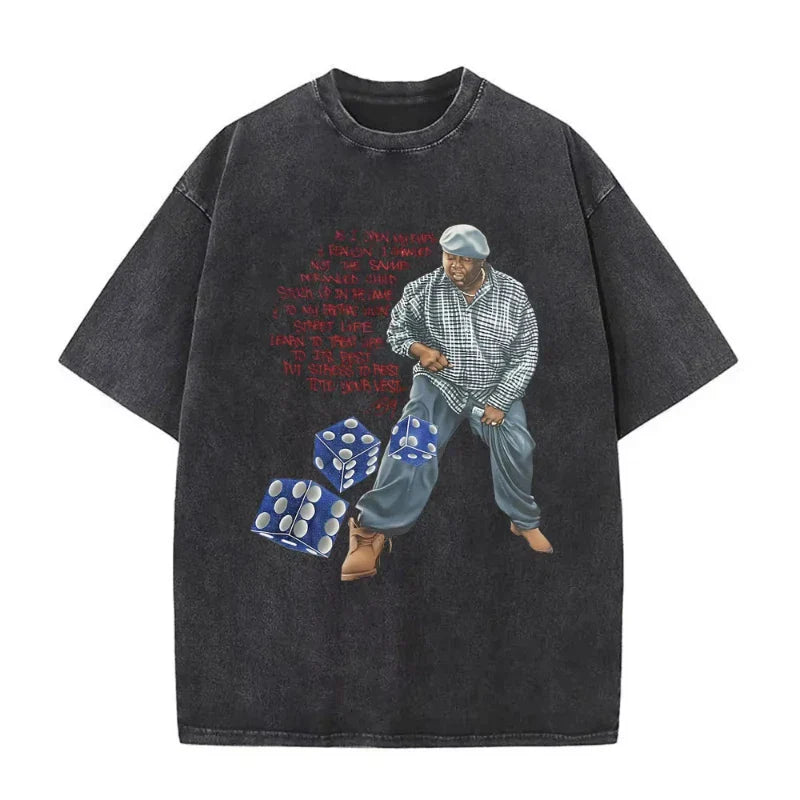 Black oversized dangerous vintage washed t shirt with faded Biggie Smalls graphic and red text for hip hop tees fans