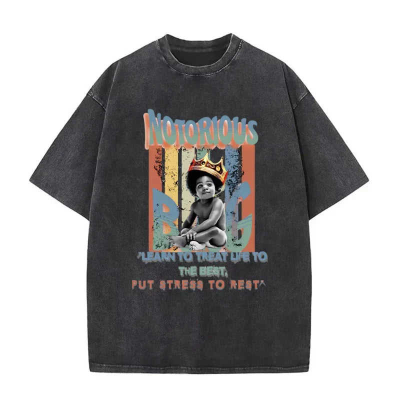 Black oversized t-shirt featuring a faded biggie smalls graphic in a dangerous vintage washed style hip hop tees design