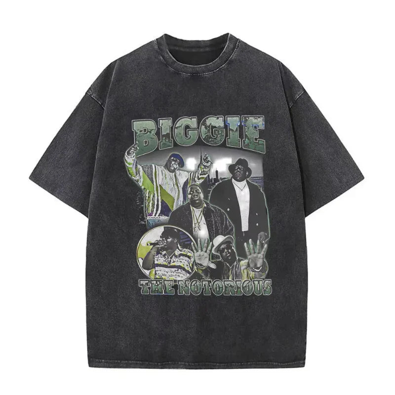 Black oversized biggie smalls tshirt with faded graphic featuring notorious b.i.g. vintage washed hip hop tees