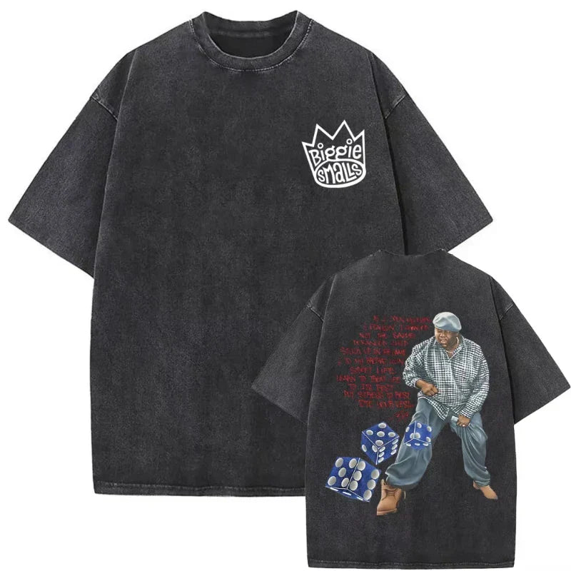 Black oversized biggie smalls tshirt with faded wash and front and back graphic prints in dangerous vintage washed style hip hop tees