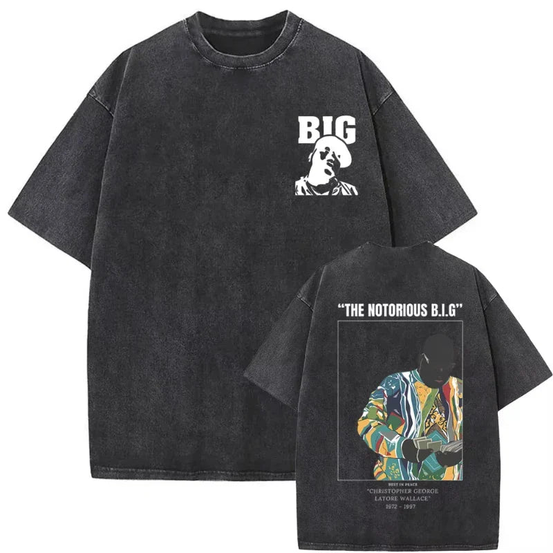 Black oversized biggie smalls tshirt with faded front graphic and colorful notorious b.i.g. portrait on back hip hop tees