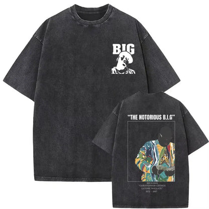 Black oversized biggie smalls tshirt with faded front graphic and colorful notorious b.i.g. portrait on back hip hop tees
