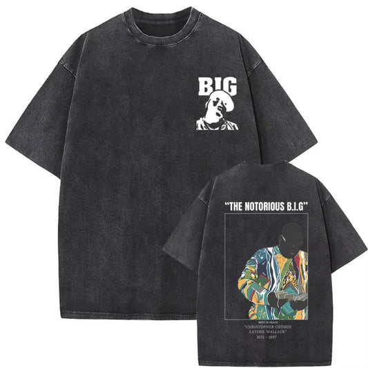 Black oversized biggie smalls tshirt with faded front graphic and colorful notorious b.i.g. portrait on back hip hop tees