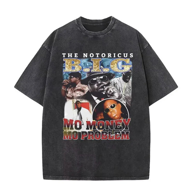 Black oversized t-shirt featuring a graphic print of biggie smalls in a dangerous vintage washed hip hop tee design