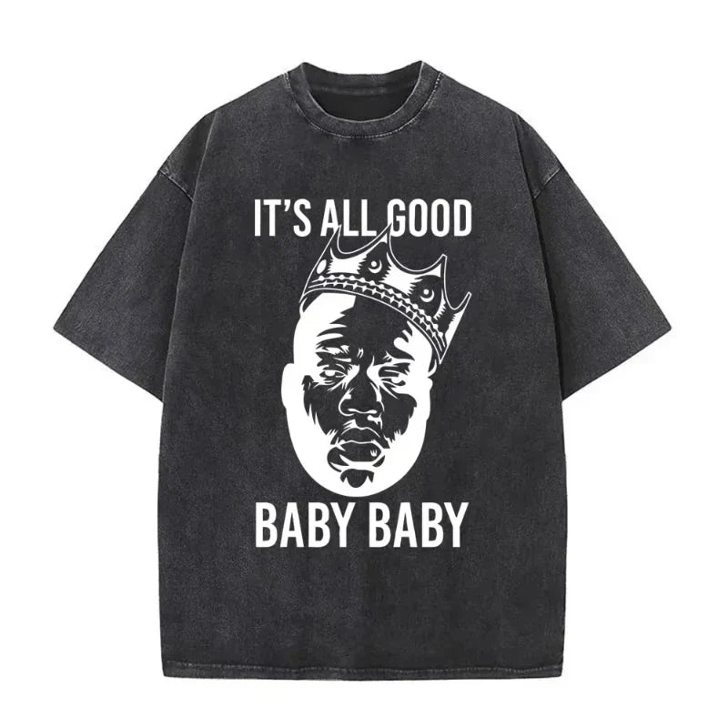 Black distressed cotton biggie smalls tshirt featuring white graphic and text in a dangerous vintage washed hip hop tees style