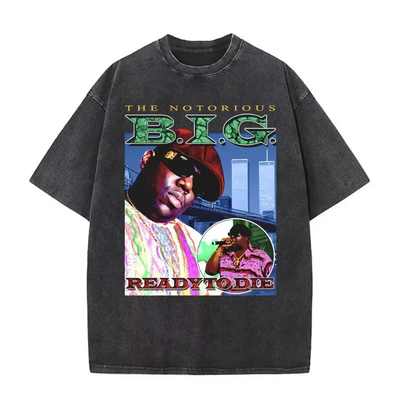 Black oversized biggie smalls tshirt featuring vibrant graphic in dangerous vintage washed style hip hop tees design