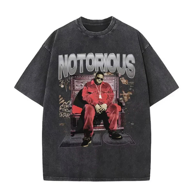 Black oversized biggie smalls tshirt with dangerous vintage washed graphic print for men’s hip hop tees