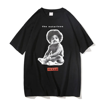 Black short-sleeved t-shirt featuring a black-and-white notorious big poppa graphic with red biggie smalls text for men hip hop style