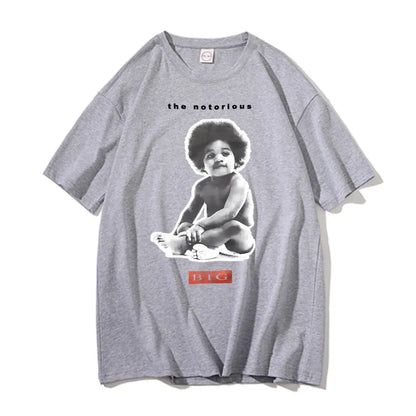 Gray heathered cotton t-shirt featuring a black and white notorious big poppa baby graphic for men hip hop fans