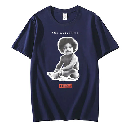 Navy blue cotton t-shirt featuring black-and-white baby afro graphic labeled notorious big poppa with sleeve biggie smalls for men hip hop style