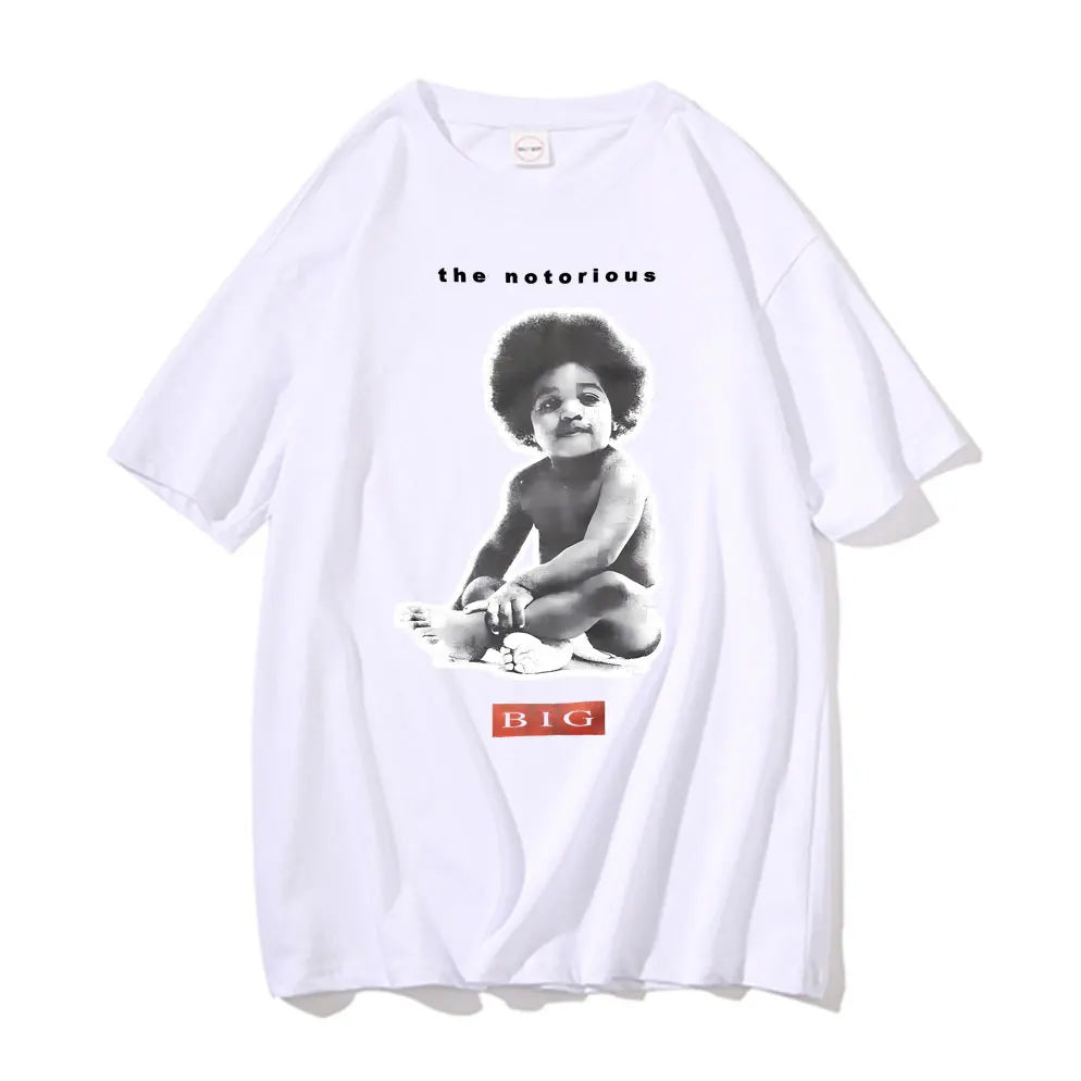 White cotton rapper the notorious big poppa graphic t shirt men hip hop with black and white baby afro print and red label sleeve biggie smalls
