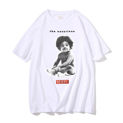 White cotton rapper the notorious big poppa graphic t shirt men hip hop with black and white baby afro print and red label sleeve biggie smalls