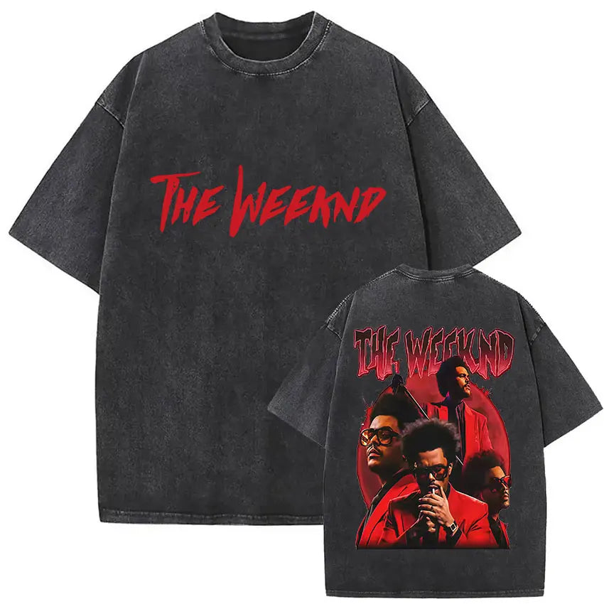 Black oversized t-shirt featuring faded red the weeknd text and graphic on back for hours til dawn hip hop fashion