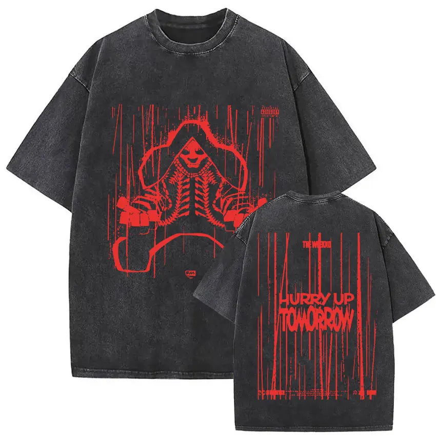 Black oversized t shirt with bold red skeletal graphic and hurry up tomorrow text on back for hours til dawn hip hop fashion